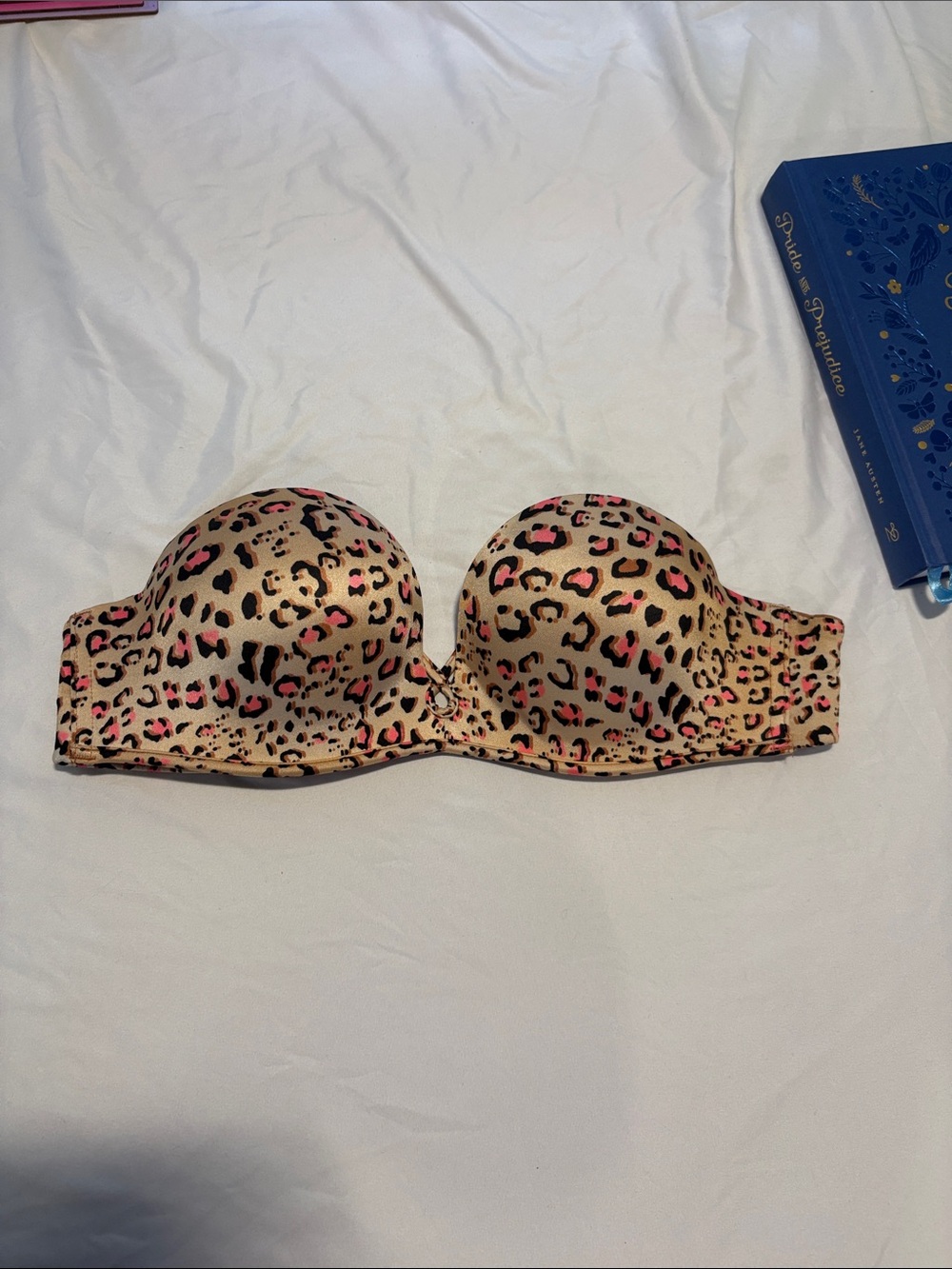 Victoria's Secret Tan Leopard Print Strapless Bra with Pink Accents